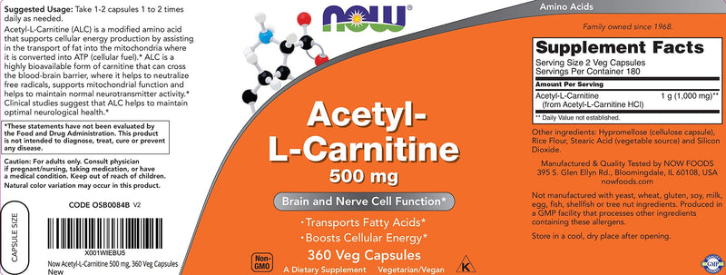 Now Foods Acetyl-L-Carnitine ACL 500 mg, 360 Veg Capsules - Non-GMO 360 Count (Pack of 1) - NewNest Australia