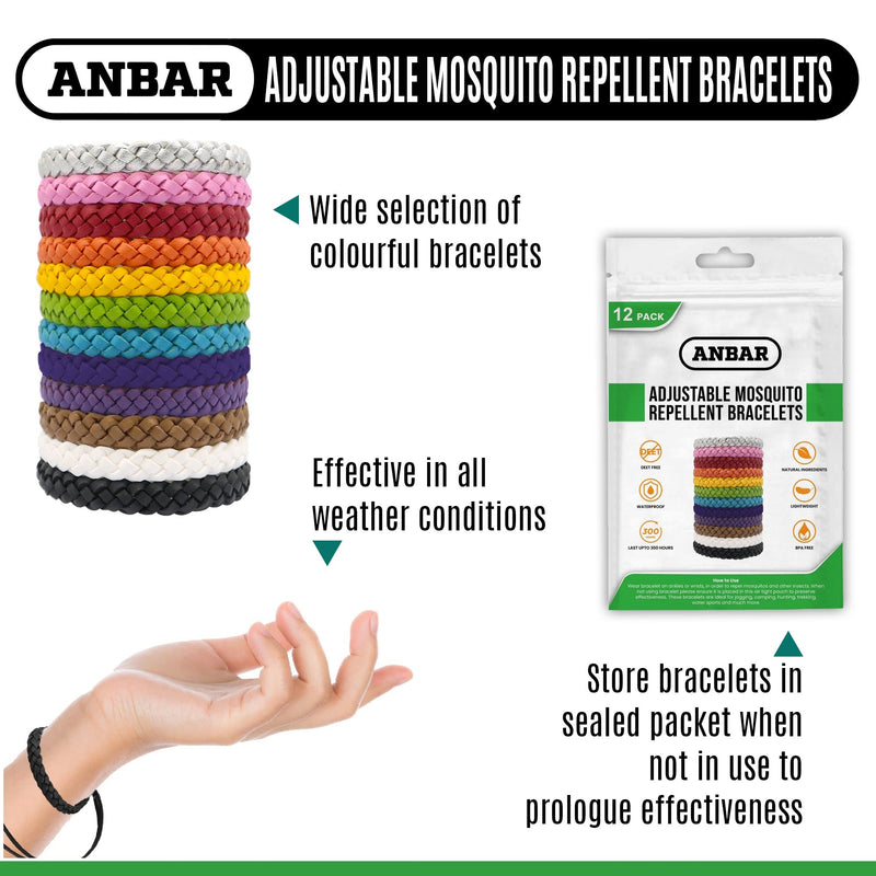 Anbar Leather Mosquito Repellent Bracelets for Adults and Kids, 12 Pack, Deet Free, All-Natural Anti-Mosquito, Tick, and Insect Essential Oils, 300-Hour Waterproof Outdoor Protection (Solid) Solid - NewNest Australia