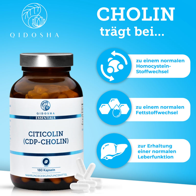 QIDOSHA® CDP Choline (Citicoline) capsules high dosage, 180 capsules in a pharmacist jar, full 250mg Citicoline/CDP Choline per capsule, vegan, laboratory tested, German production, Citicoline CDP Choline 250mg - NewNest Australia