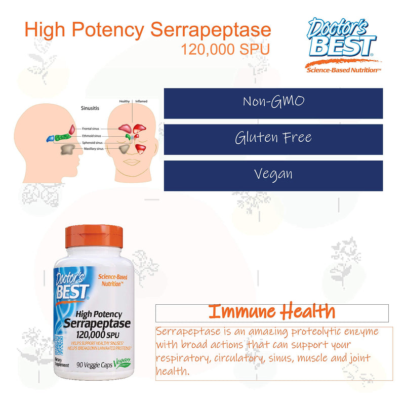 Doctor's Best High Potency Serrapeptase, Non-GMO, Gluten Free, Vegan, Supports Healthy Sinuses, 120,000 SPU, 90 Count - NewNest Australia