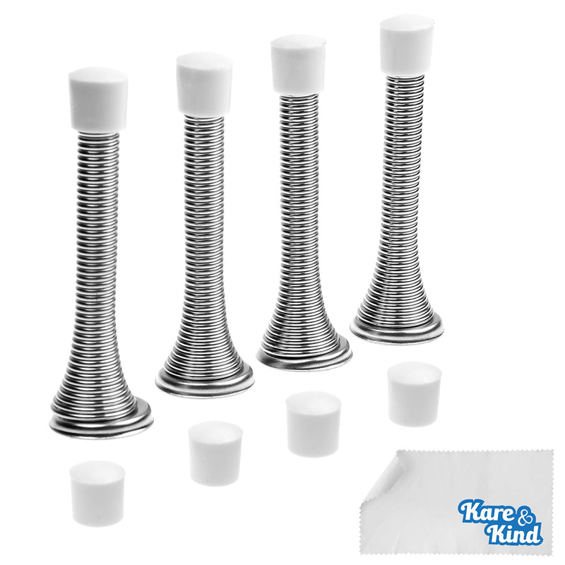 Kare & Kind 4X Spring Door Stoppers (Silver) - Screw-in Flexible Steel Stoppers with White Rubber Bumper Tips - Protect Walls from Bumps, Marks and Damages - Kid and Pet Safe - for Homes, Offices - NewNest Australia