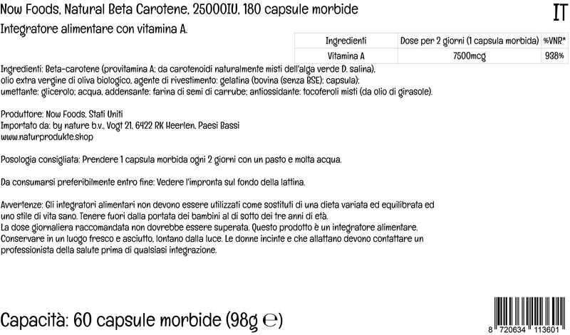 Now Foods, Natural Beta Carotene (natural beta carotene), 7,500mcg (25,000IU), 180 softgels, provitamin A, laboratory tested, soy-free, gluten-free, non-GMO - NewNest Australia