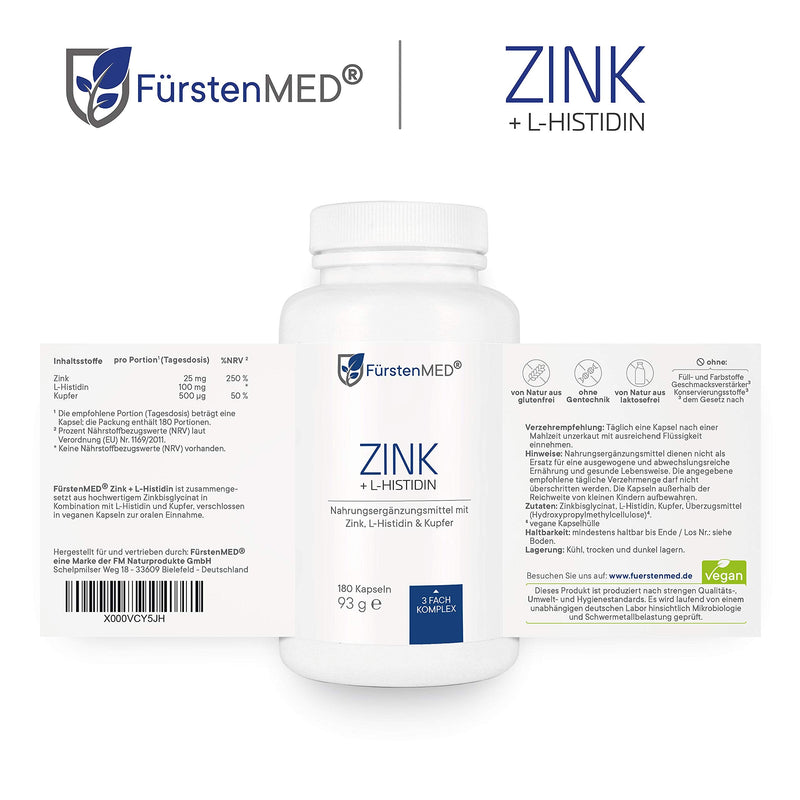FürstenMED® Zinc Capsules High Dose - Zinc High Dose Zinc 25mg - Zinc Bisglycinate + L-Histidine + Copper - Zinc High Dose - 180 Vegan (Zinc Supplement) Capsules without Additives - NewNest Australia