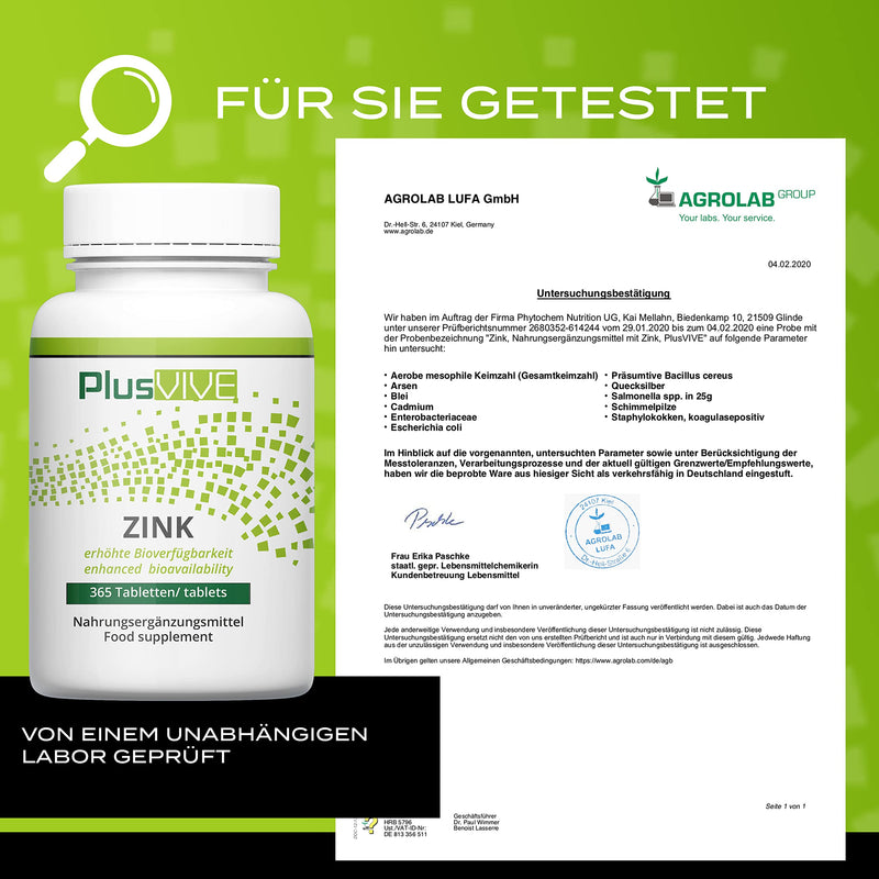 PlusVive - Zinc 365 tablets - annual supply - high dosage: 25 mg of pure zinc from zinc bisglycinate per tablet - vegan single - NewNest Australia