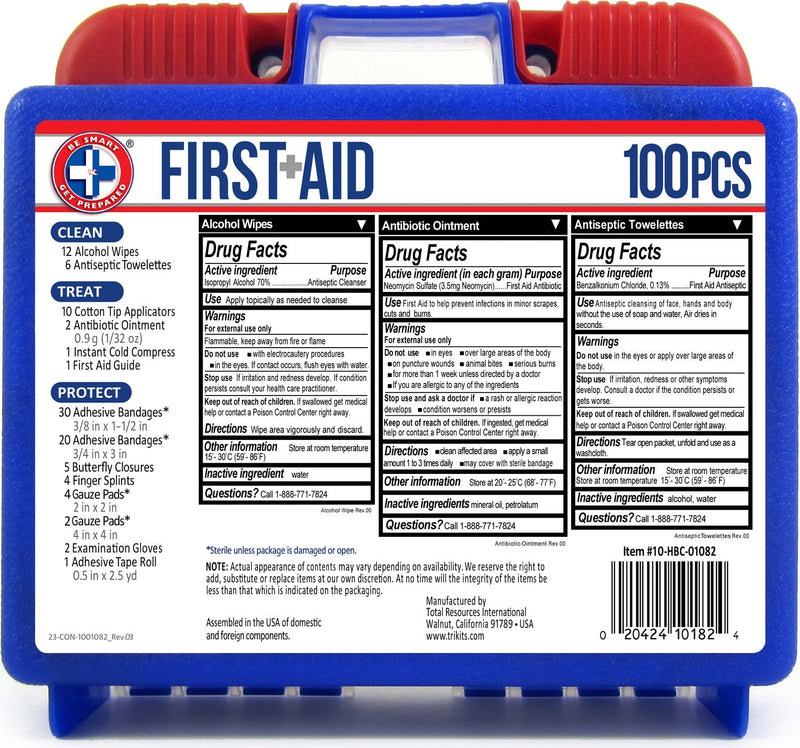 Be Smart Get Prepared 100 Piece First Aid Kit: Clean, Treat, Protect Minor Cuts, Scrapes. Home, Office, Car, School, Business, Travel, Emergency, Survival, Hunting, Outdoor, Camping & Sports - NewNest Australia
