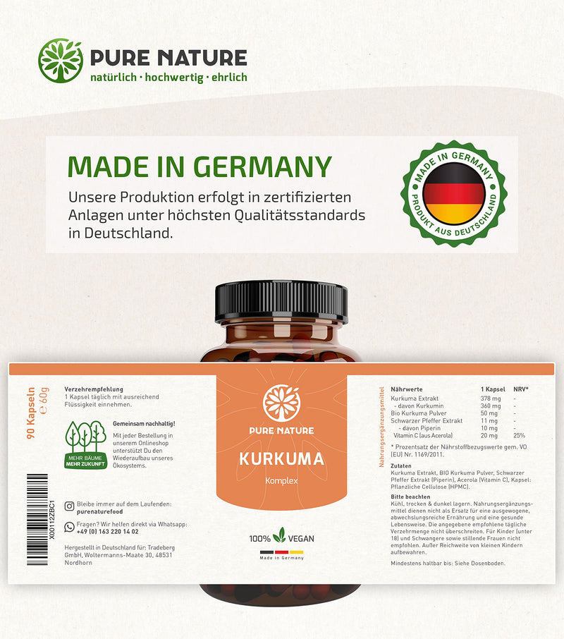 Pure Nature Turmeric Capsules Complex HIGH DOSE [1 capsule/day I 12,000 mg Curcuma] - Curcuma Capsules High Dose with Vitamin C & Piperine - 90 Turmeric Capsules - Made in Germany - NewNest Australia