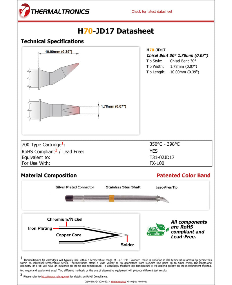 Thermaltronics H70-JD17 Chisel Bent 30deg 1.78mm (0.07in) interchangeable for Hakko T31-02JD17 - NewNest Australia