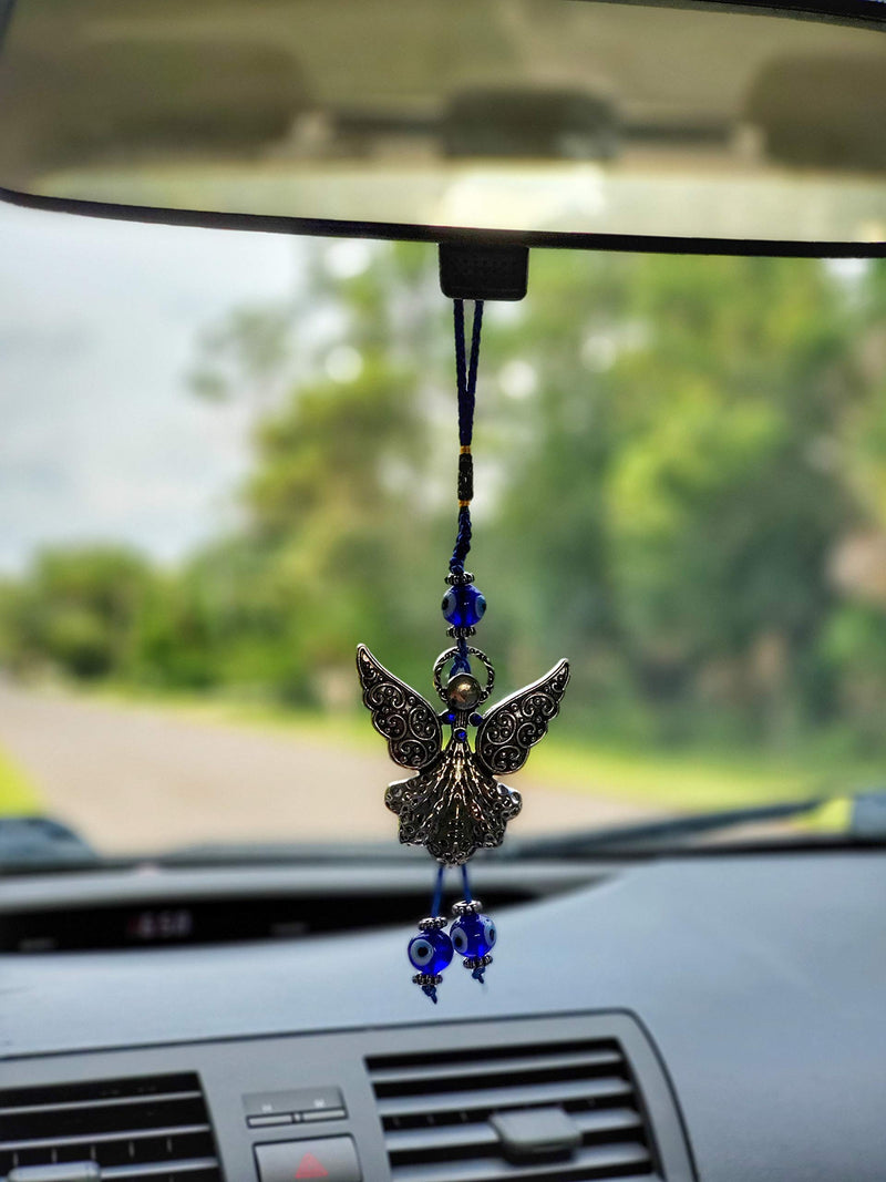 NewNest Australia - LUCKBOOSTIUM - Beautiful Silver Angel Hanging Charm with 3 Blue Evil Eye Beads, symbolizing Guardian Spirits, Luck and Protection, Ornament for Car, Home and Office, Great Gift, Silver, 3.5” x 8” 