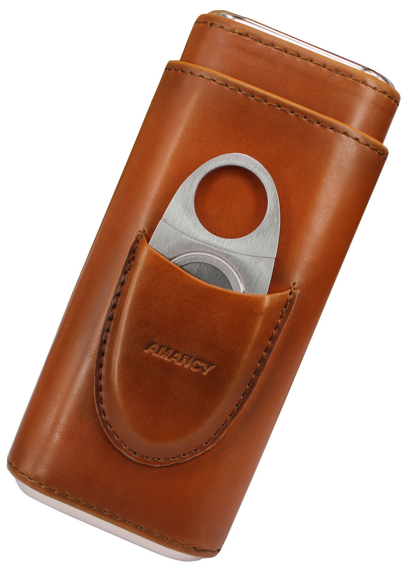 AMANCY Premium 3- Finger Brown Leather Cigar Case, Cedar Wood Lined Cigar Humidor with Silver Stainless Steel Cutter - NewNest Australia