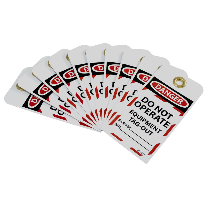 NMC LOTAG13 DANGER DO NOT OPERATE EQUIPMENT TAG-OUT Tag – [Pack of 10] 3 in. x 6 in. Vinyl 2 Side Danger Tag with White/Black Text on Red/White Base - NewNest Australia