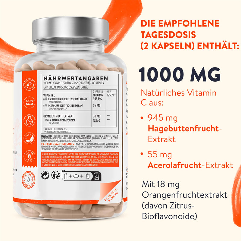 Vitamin C High Dose Vegan - Acerola Vitamin C 1000mg per daily dose (2 capsules) with rose hips and citrus bioflavonoids from orange fruit extract - 180 natural vitamin C capsules - NewNest Australia