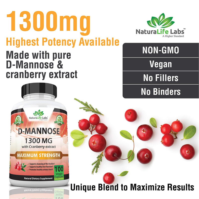 D-Mannose 1,300 mg with Cranberry Extract Fast-Acting, Flush Impurities, Natural Urinary Tract Health- 100 Veggie Capsules - NewNest Australia