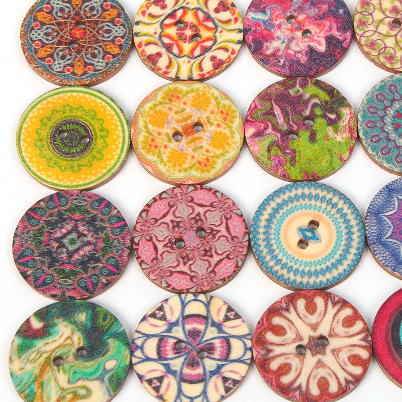 Mahaohao 100pcs Mixed Random Flower Painting Round 2 Holes Wood Wooden Buttons for Sewing Crafting 20mm - NewNest Australia