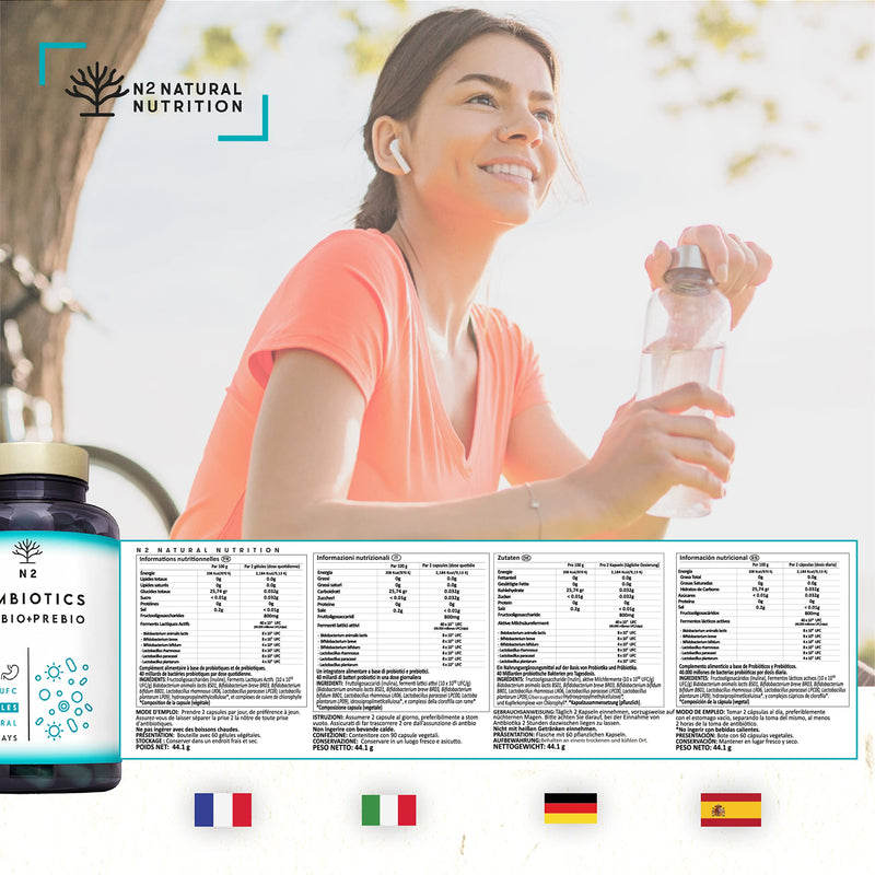 Probiotics And Prebiotics Complex With Inulin Probiotics High Dose 40 Billion Cfu Per Dose, Digestive Enzymes. Contains Lactobacillus And Lactic Acid Bacteria. 60 Capsules N2 Natural Nutrition - NewNest Australia