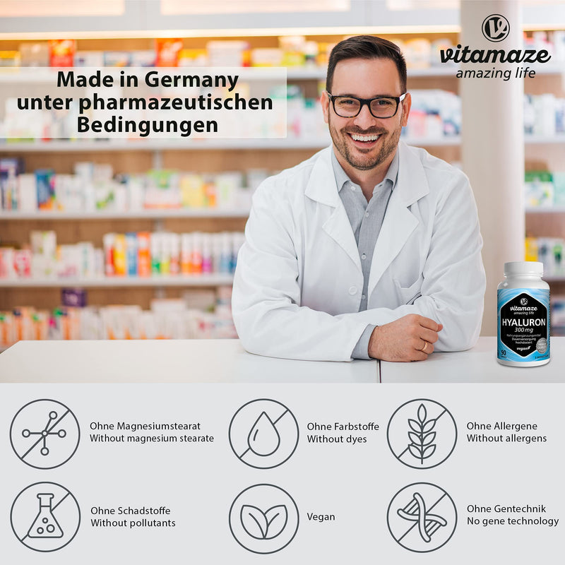 High-dose hyaluronic acid capsules, 300 mg per capsule, vegan, 3 months continuous supply, high bioavailability: low molecular weight 500-700 kDa, nutritional supplement without additives, Made in Germany - NewNest Australia