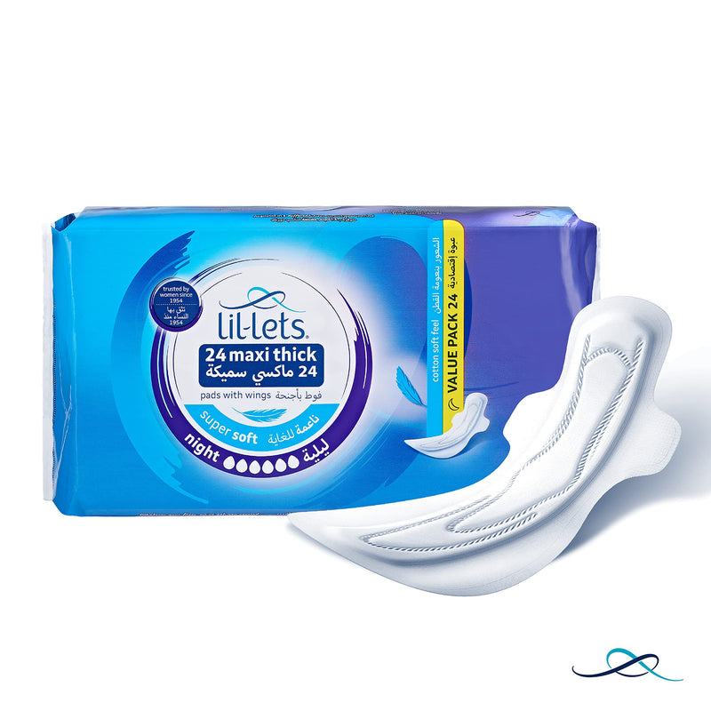 Lil-Lets Maxi Thick Period Pads X 24 | Night Absorbency| with Wings | 1 Pack of 24 Maxi Pads | for Very Heavy/Extra Heavy Overnight Flow | Unscented | Super Soft Cover - NewNest Australia