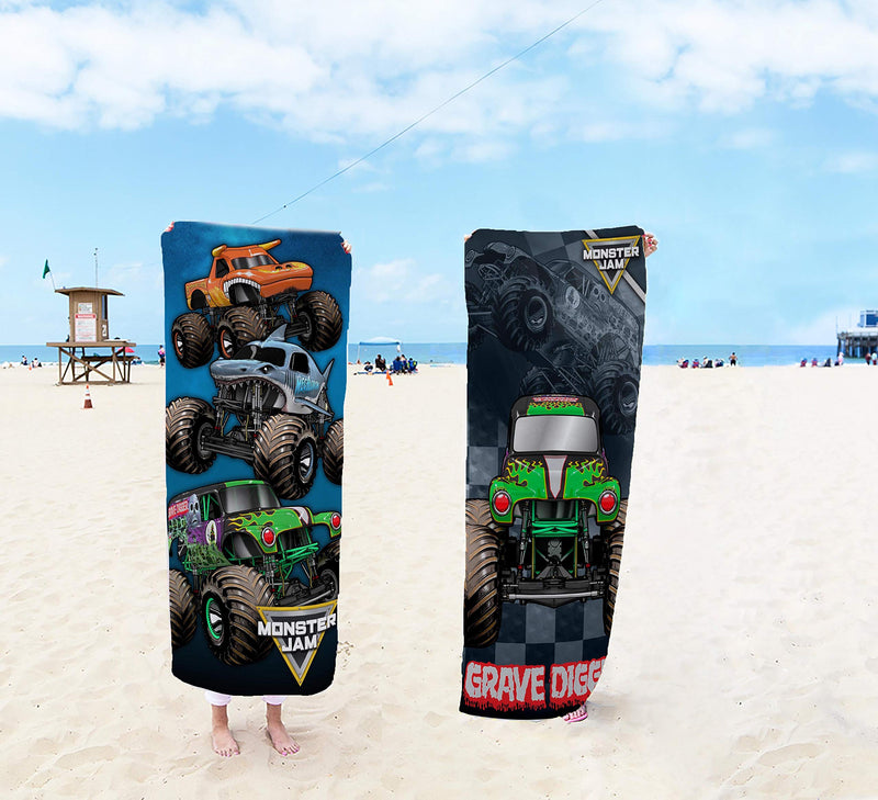 Monster Jam Team Up Kids Bath/Pool/Beach Towel - Features Grave Digger & Megalodon - Super Soft & Absorbent Cotton Towel, Measures 28 x 58 inches (Official Monster Jam Product) Multi - Monster Jam - NewNest Australia