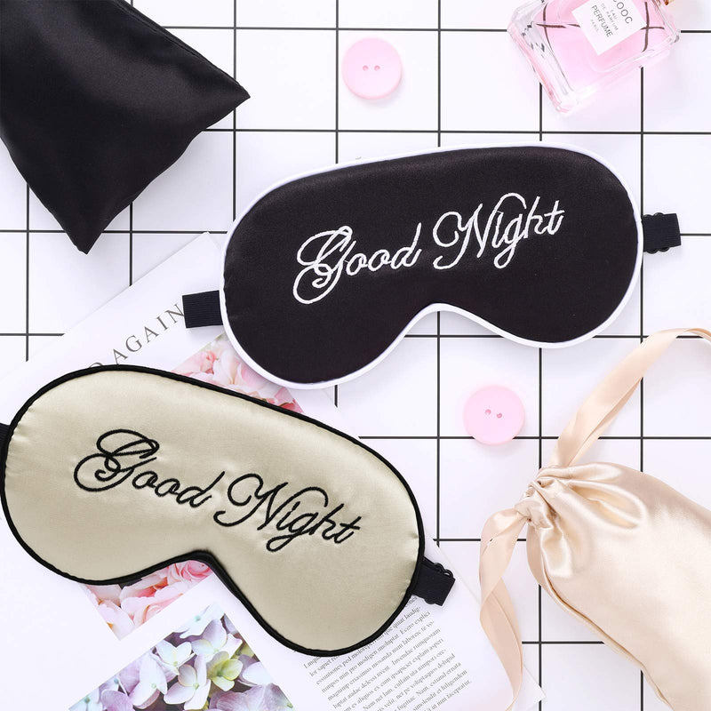 2 Pieces Silk Sleep Mask Eye Cover Lightweight Adjustable Eyeshades Mask Satin Sleeping Eye Blinder Night Eyeshade Cover with 2 Pieces Storage Bags for Women Men Kid Night Sleep (Beige, Black) Beige, Black - NewNest Australia