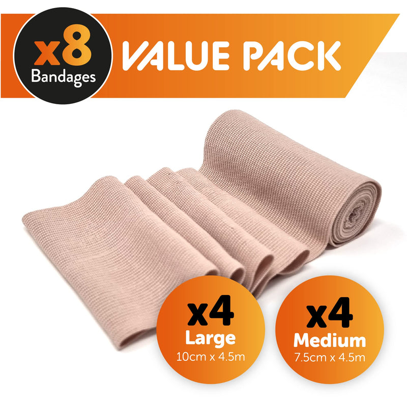 JFA Medical Elastic Compression Bandage Wrap - 8 Pack + 8 Extra Clips (4 x 7.5cm x 4.5m & 4 x 10cm x 4.5m Rolls) - Wrist, Ankle, Hand Knee, Elbow, Shoulder, Feet Injuries - NewNest Australia