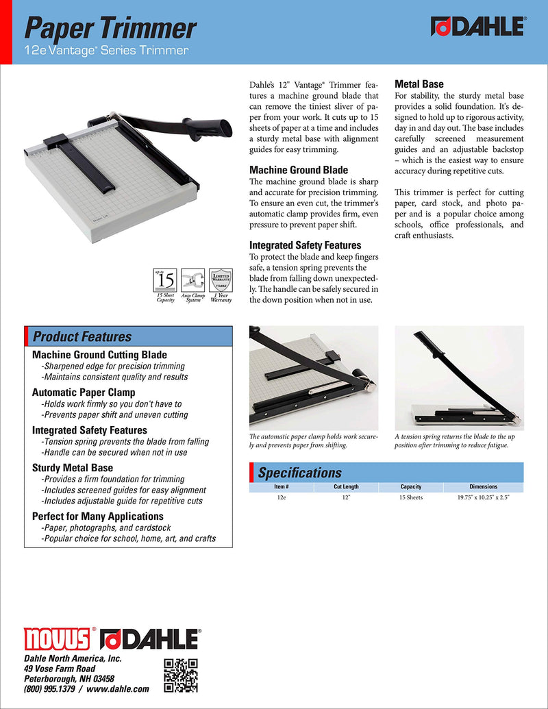 Dahle 12e Vantage Paper Trimmer, 12" Cut Length, 15 Sheet, Automatic Clamp, Adjustable Guide, Metal Base with 1/2" Gridlines, Guillotine Paper Cutter Cut Length: 12" - NewNest Australia