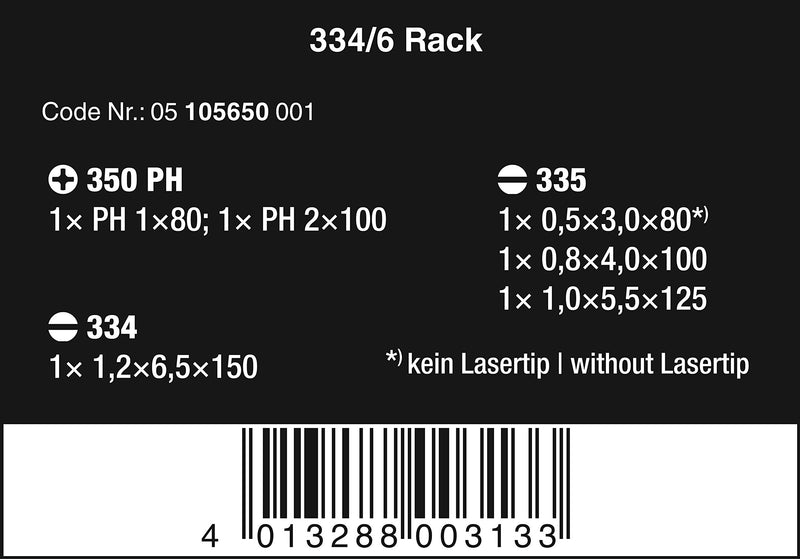 Wera - 5105650001 Kraftform Plus 334/6 Screwdriver Set with Rack and Lasertip, 6-Pieces Slotted: 6.5x150mm, 3x80mm, 4x100mm, 5.5x125. Phillips: PH1x80, PH2x100 - NewNest Australia