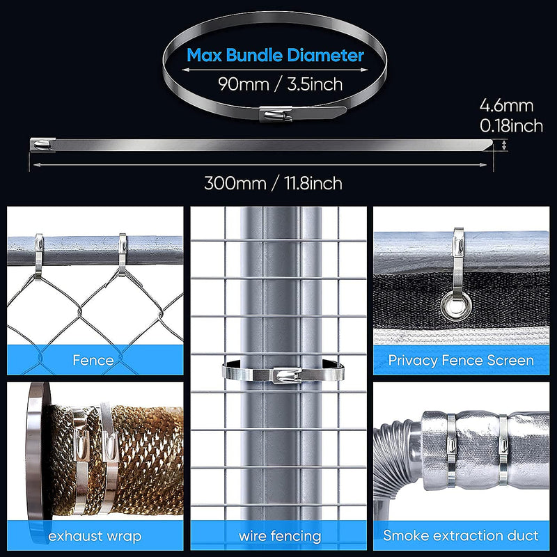 Neojao Metal Zip Ties,100 Pcs 11.8 Inch,304 Stainless Steel Zip Ties Multi-purpose Metal Cable Ties-Suitable for Outdoor Chain Link Fence and Exhaust Wrap Zip Ties - NewNest Australia