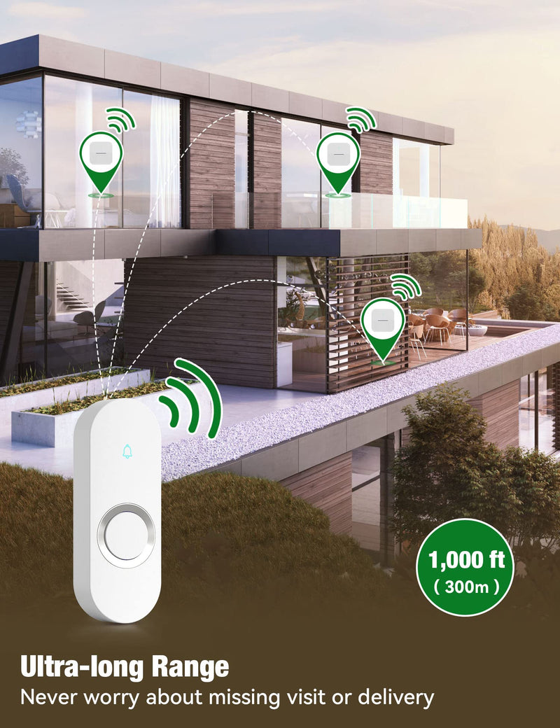 AIDA Lighted Wireless Doorbell, Home Waterproof Doorbell 1,000ft Range, 5 Volume Levels with 58 Doorbell Chimes & LED Flash (White, Doorbell with 1 Button & 1 Receiver) - NewNest Australia
