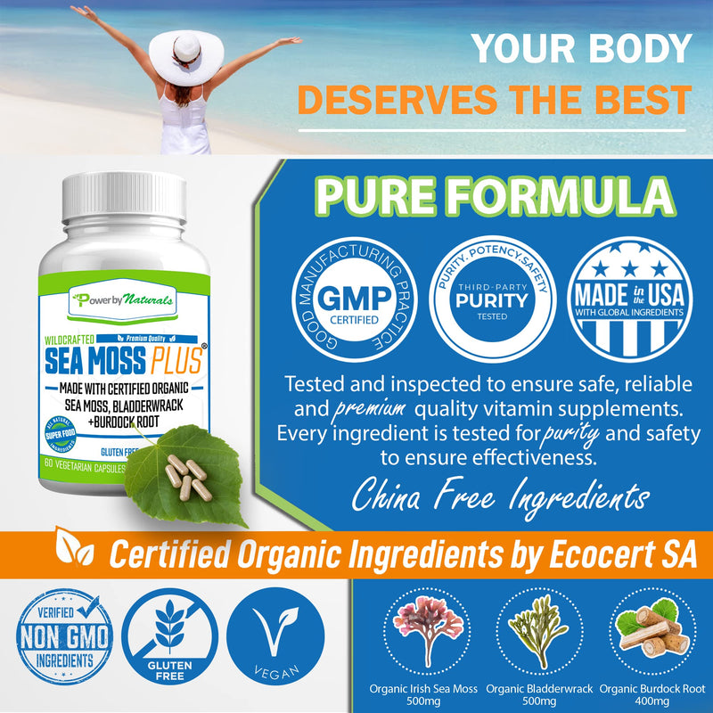 Power By Naturals Certified Organic Sea Moss Plus Supplements with Wildcrafted Irish Sea Moss, Bladderwrack, and Burdock Root, Pure Sea Moss Supplement, Vegan, No Fillers, 60 SeaMoss Powder Capsules - NewNest Australia