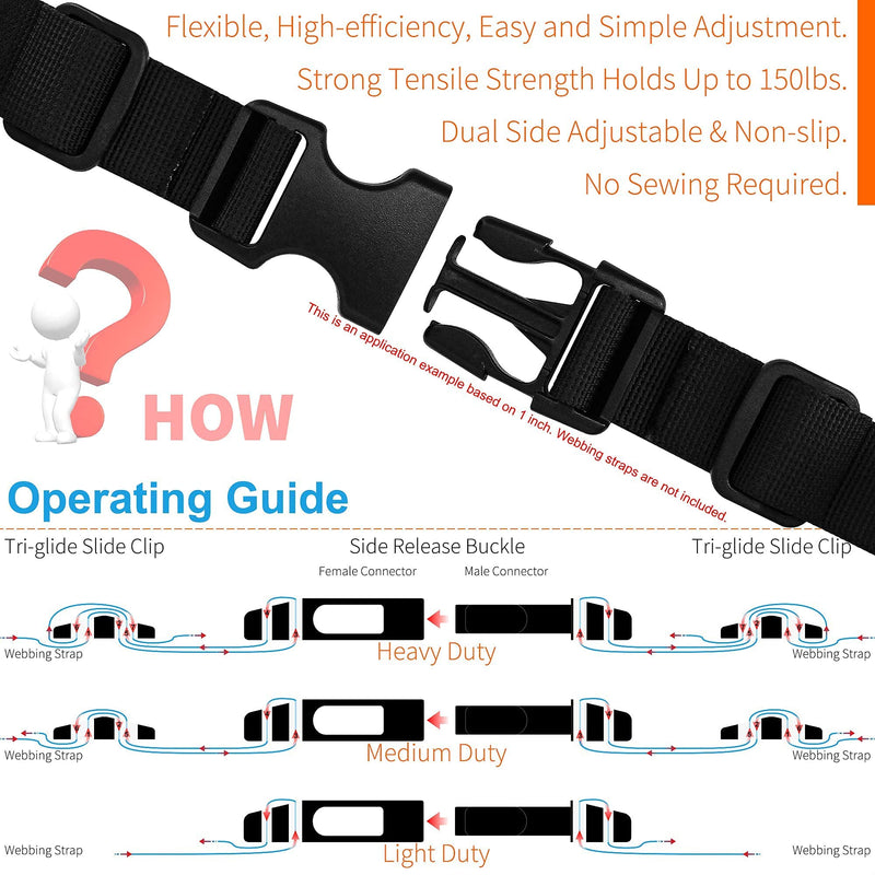 Buckles for Straps 2": Side Release Buckle Plastic Clip 2 set + Tri-Glide Slide 4 pcs Fit 2 inch Wide Nylon Strap Webbing Belt, Heavy Duty Replacement for Backpack Parachute, Dual Adjustable No Sewing 2 Set 2 in - NewNest Australia
