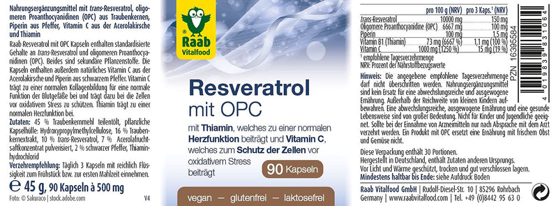 Raab Vitalfood Resveratrol with OPC capsules, dietary supplement with vitamin C from acerola cherries, oligomeric proanthocyanidins (OPC), 90 capsules - NewNest Australia