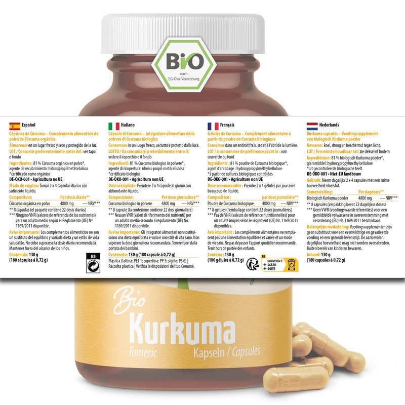 Turmeric Capsules Organic | 180 Pieces | 4800Mg Turmeric Per Daily Dose | Freshly Ground Turmeric Root In Organic Quality | Vegan Capsule Shell | From The Aft Yard - NewNest Australia