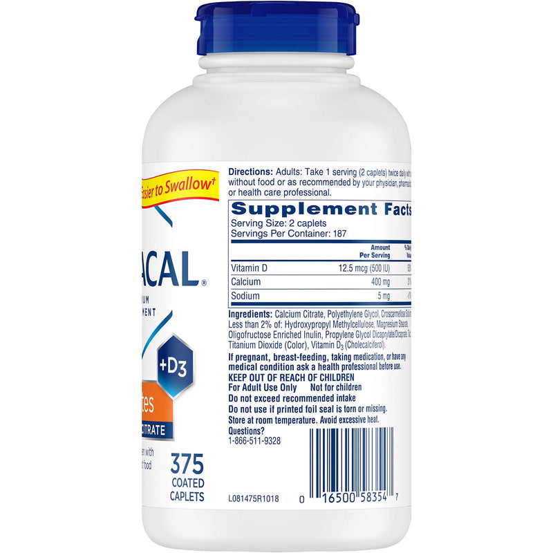 Citracal Petites, Highly Soluble, Easily Digested, 400 mg Calcium Citrate with 500 IU Vitamin D3, Bone Health Supplement for Adults, Relatively Small Easy-to-Swallow Caplets, 375 Count - NewNest Australia
