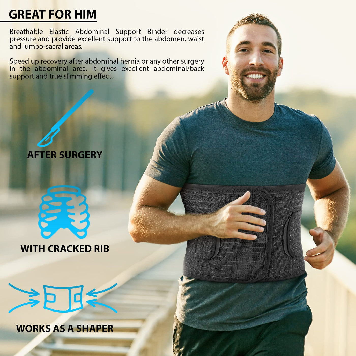 ITA-MED Men's Breathable Elastic Abdominal Binder for Post-Surgery Recovery  & Umbilical Hernia Support, 9” Wide, Body-Shaping Effect, Made in USA