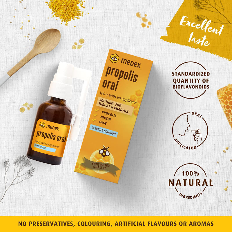 Medex Propolis Oral, Mouth And Throat Spray, Water-Based, Without Alcohol; With Honey, Sage, Niacin, Echinacea, Standardized Amount Of Bioflavonoids, With Applicator, 30 Ml - NewNest Australia