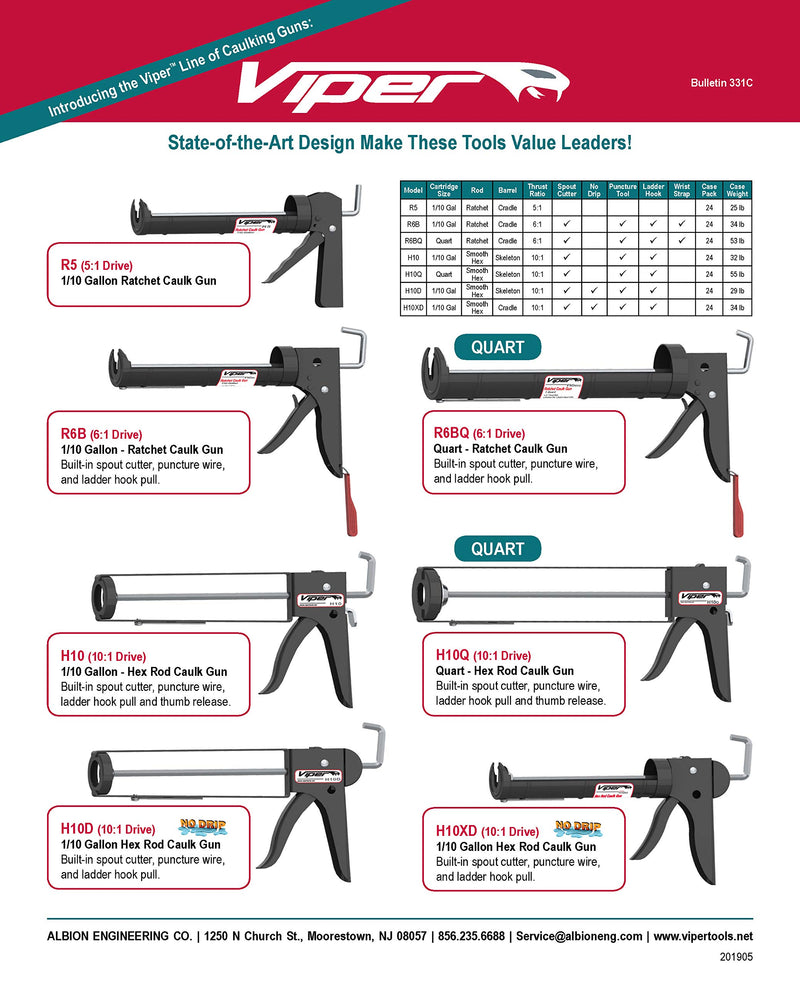 Albion Engineering H10XD Viper Line Manual Barrel Cartridge Caulking Gun with Hex Rod, No Drip, 1/10 Gallon (10 oz), 10:1 Drive Hex Rod / Cradle Barrel - NewNest Australia