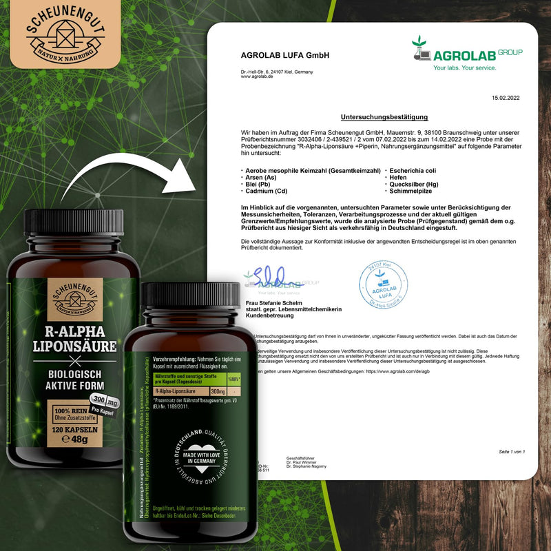 Alpha Lipoic Acid - 300Mg - Important: Certified Laboratory Tested & Vegan I 120 Capsules R Alpha Lipoic Acid I Body'S Own Form = Optimal Bioavailability I From De I Scheunengut - NewNest Australia