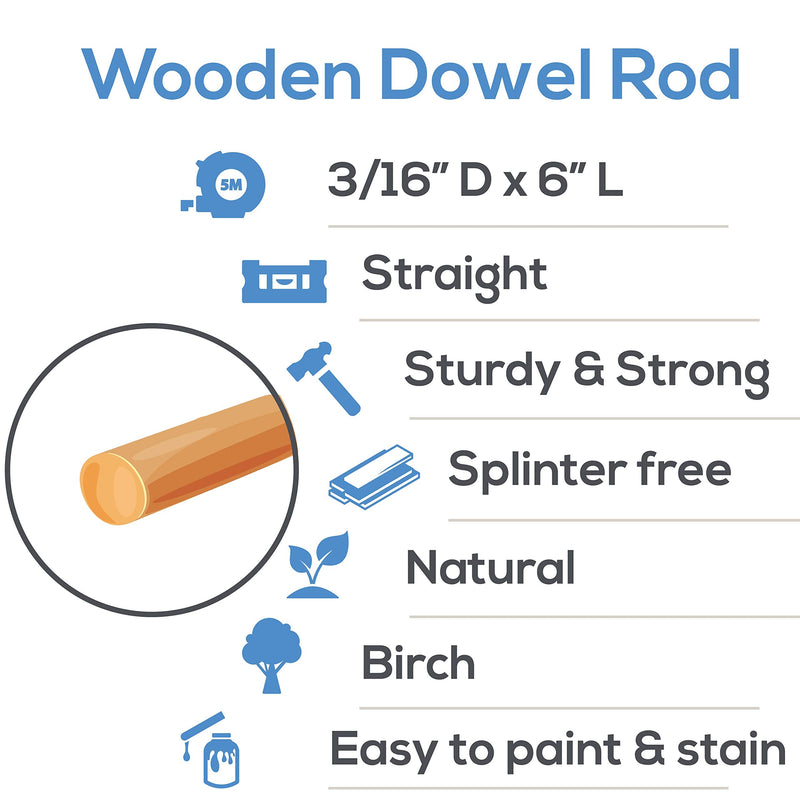 Dowel Rods Wood Sticks Wooden Dowel Rods - 3/16 x 6 Inch Unfinished Hardwood Sticks - for Crafts and DIYers - 100 Pieces by Woodpeckers 3/16" x 6" Dowels Pack of 100 - NewNest Australia