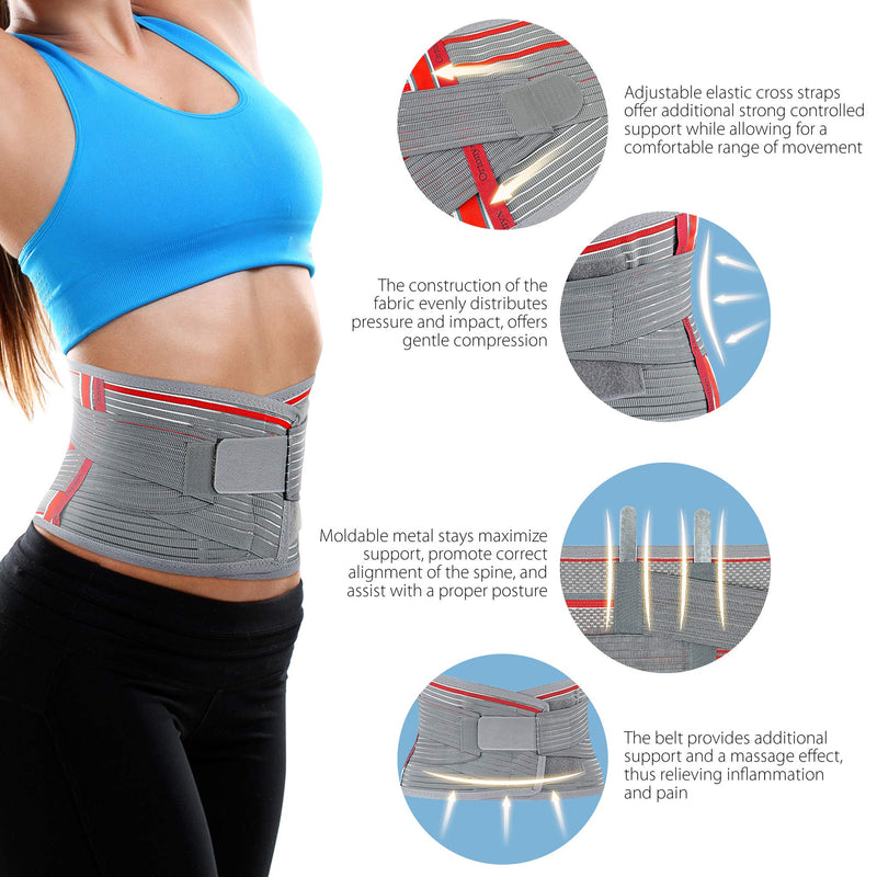 ORTONYX Lumbar Support Belt Lumbosacral Back Brace – Ergonomic Design and Breathable Material - XS/M (Waist 26"-32.2") Gray/Red XS/M (Waist 26"-32.2") Grey / Red - NewNest Australia