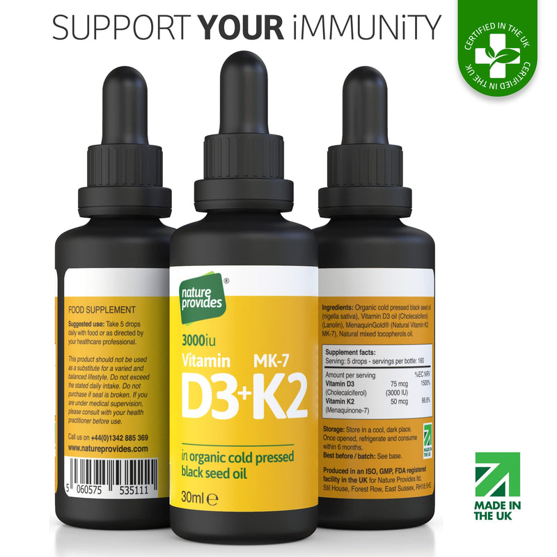 Vitamin D3 & K2 (MK-7) in Organic Black Seed Oil (30ml) High Strength Liquid (3,000IU). MK-7 is 100% Trans. Immune Support Sublingual Drops (Made in The UK) - NewNest Australia