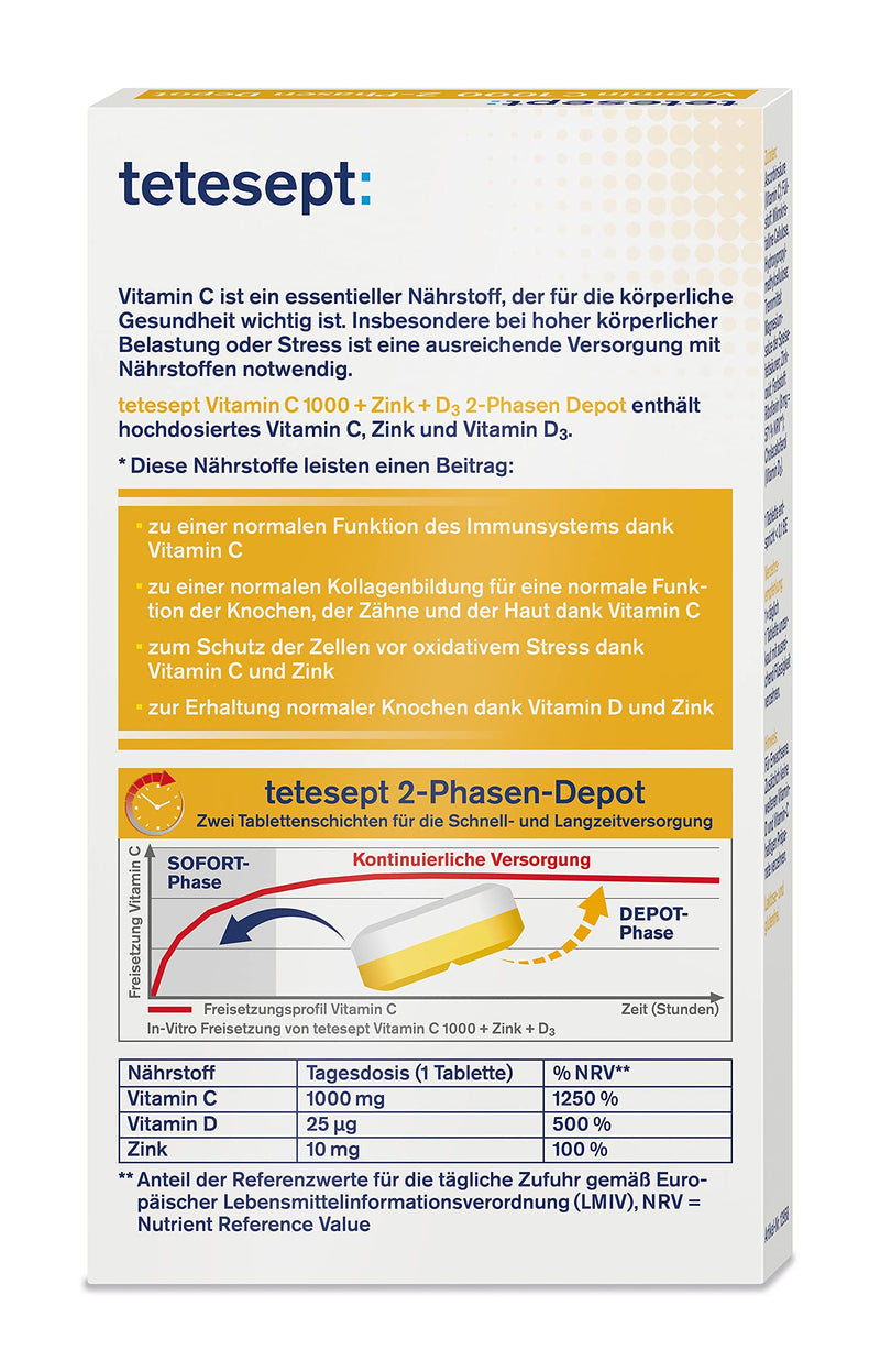Tetesept Vitamin C 1000 + Zinc + D3 - Dietary Supplement To Support The Immune System, Cell Protection And Bones - Vitamin Tablets - 3 X 30 Tablets Tetesept Vitamin C 1000 + Zinc + D3 - NewNest Australia