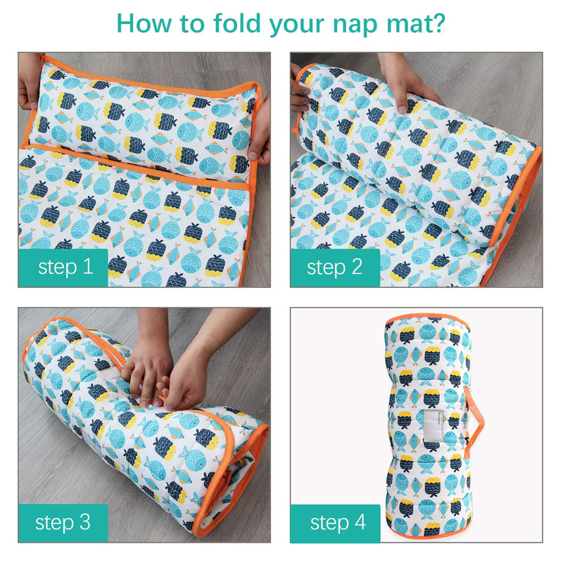 NewNest Australia - Biloban Toddler Nap Mat with Pillow and Blanket,50 x 21 x 1.5 Super Soft and Cozy, The Great Kids Nap Mat for Preschool, Roll up Bed for Boys and Girls. Pineapple Fish 