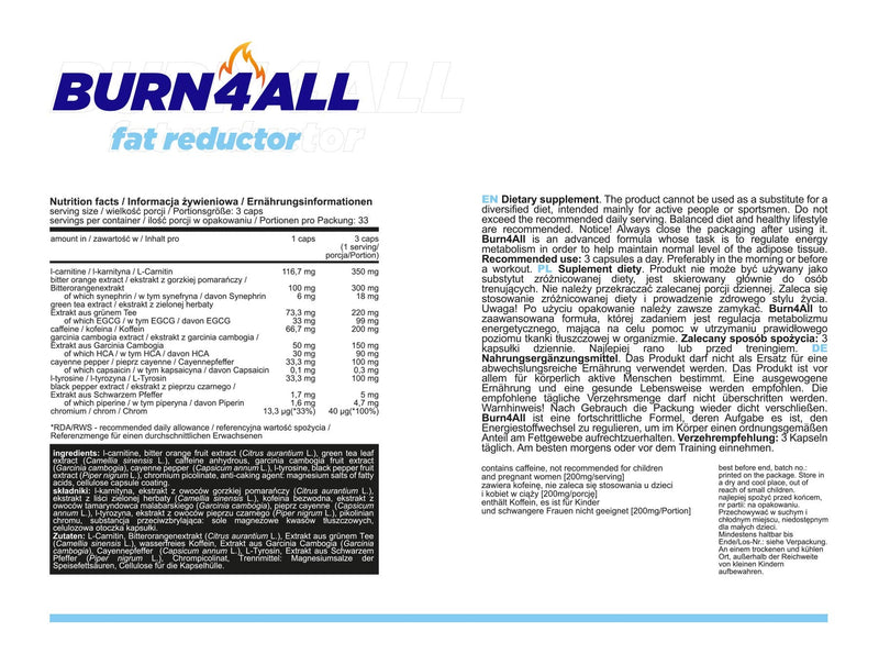 Allnutrition Burn4All Fat Reductor L-Carnitine Very Effective Body Fat Loss Provides Energy Suppresses Appetite Dietary Supplement No Additives 100 Capsules 33 Servings - NewNest Australia