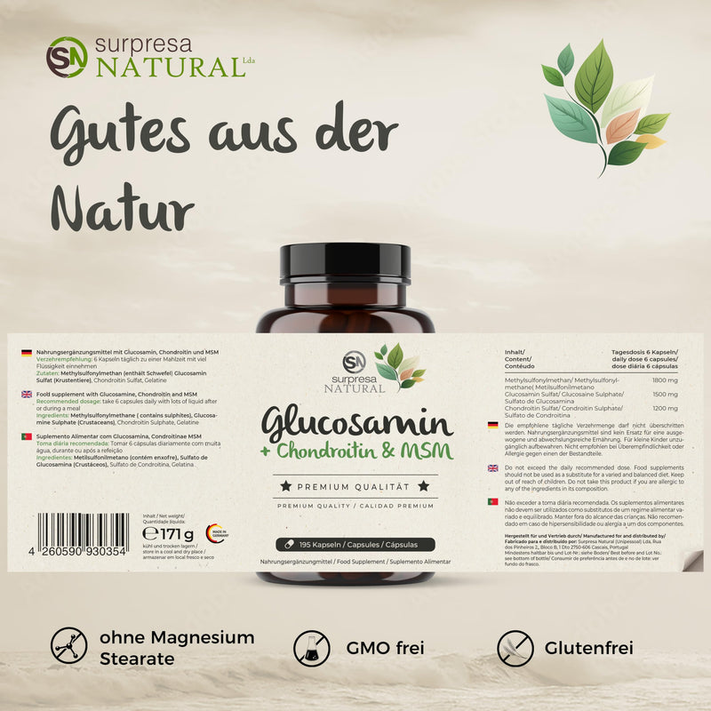 Surpresa Natural® Glucosamine, Chondroitin & MSM high dose 4500 mg daily dose, 1 month supply Laboratory tested, 195 capsules Glucosamine + Chondroitin & MSM 195 pieces (pack of 1) - NewNest Australia