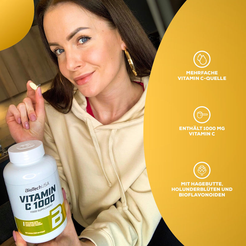 BioTechUSA Vitamin C 1000 + BioFlavonoids | Multiple sources | Immune support | Rose hip, elderflower & lemon, 100 tablets 100 pieces (pack of 1) - NewNest Australia