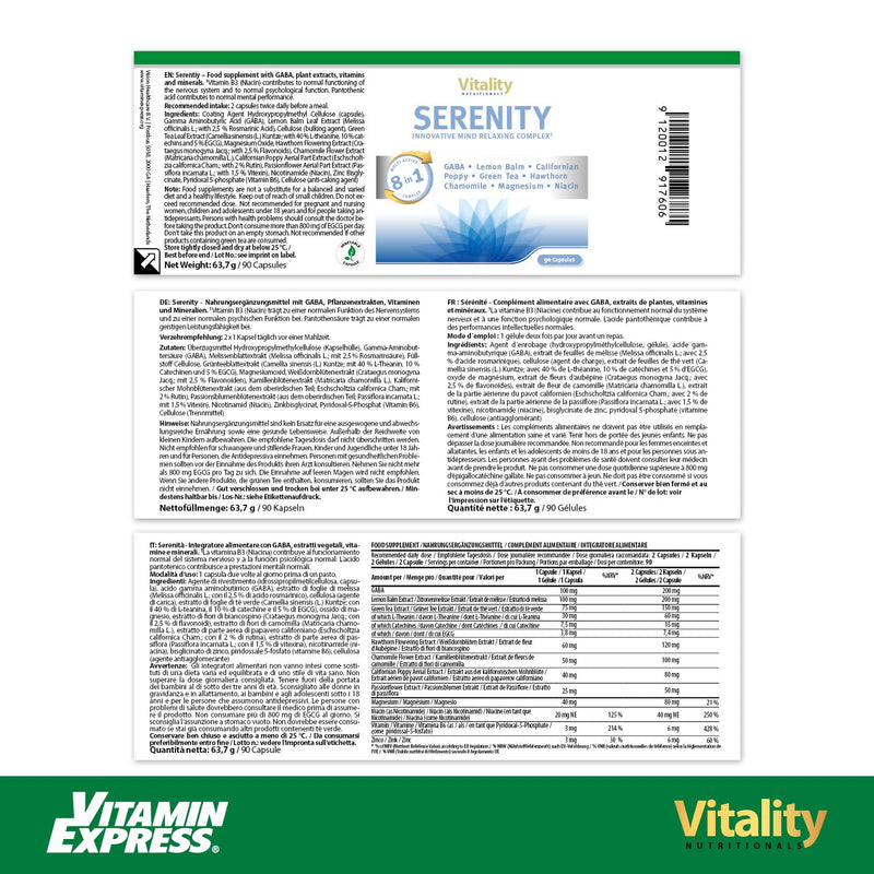 Serenity, Mind Relaxing Complex. Innovative Gaba Capsules With High Doses, Lemon Balm Extract, Vitamins. (90 Capsules). Balance, Calm, Mental Strength. Vitality Nutritionals By Vitaminexpress - NewNest Australia