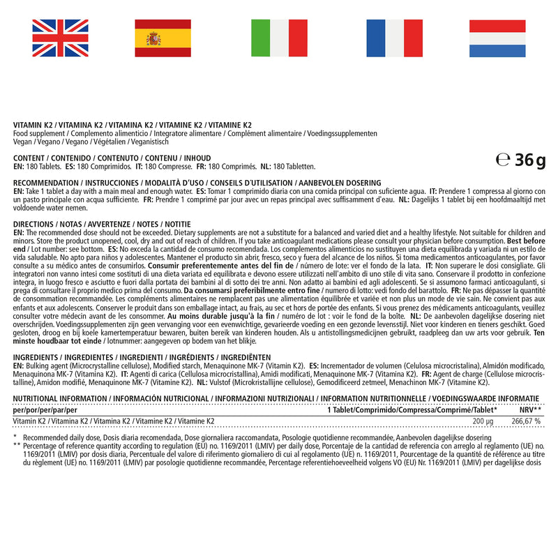 Vitamin K2 high dose & vegan, 200 mcg MK-7 Menaquinone (certified, all-trans form), 180 tablets 6 month supply, natural dietary supplement without additives, Made in Germany - NewNest Australia