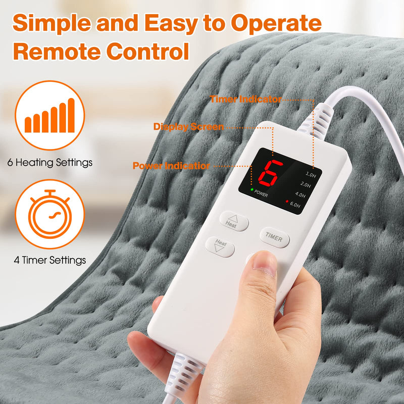 Heating pad OneAmg 126x30cm Electric heat pad with 6 temperature levels and automatic switch-off Fast heating Machine washable Heated blanket Heated blanket for back, loin, stomach, shoulder Gray - NewNest Australia