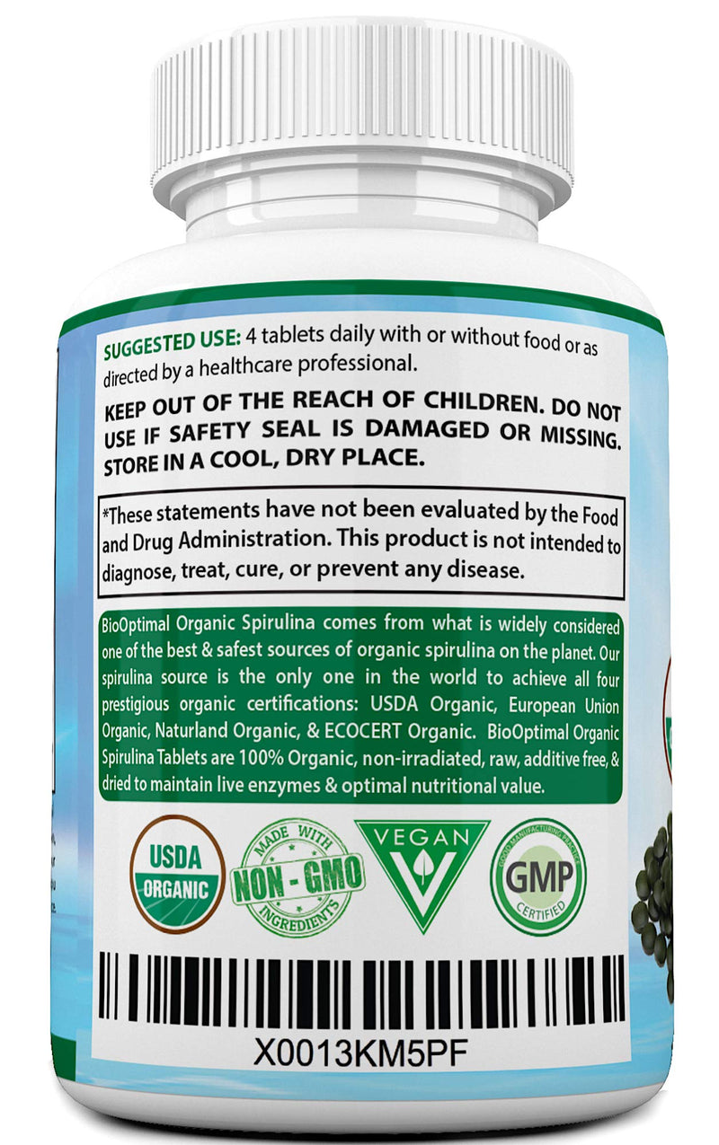 BioOptimal Organic Spirulina Tablets, 100% USDA Organic, Premium Quality 4 Organic Certifications, Non-GMO, No Additives Capsules or Fillers, 120 Count 1 Month Supply 120 Count (Pack of 1) - NewNest Australia
