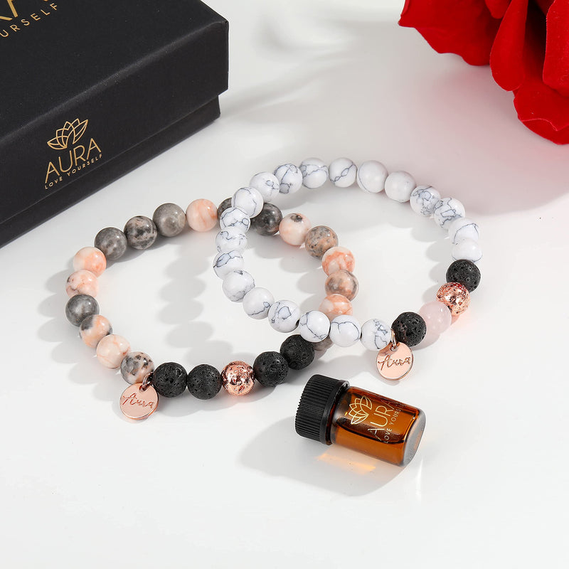 Howlite Bracelet with Rose Quartz, Crystals and Healing Gemstone Jewelry for Anxiety Stress Relief Gifts, Lava Beads - Lava Rock Bracelets for Women Men - White Natural Stone Bracelet Oil Diffuser - NewNest Australia