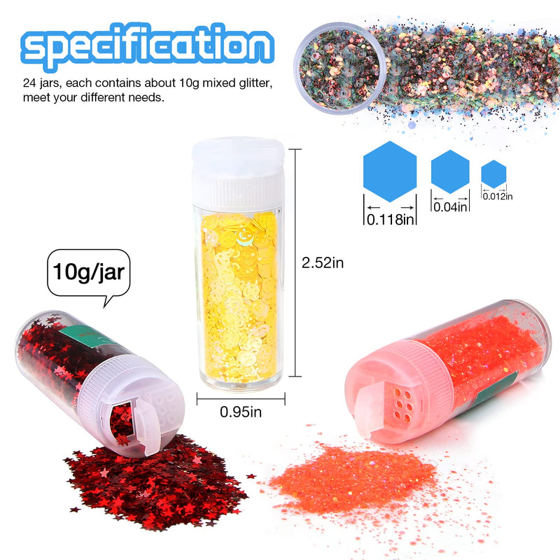 TORC Holographic Chunky Glitter Set, 24 Colors, Fine Chunky Mix Glitter for Nail Art Cosmetic Body Hair Festival Makeup Crafts, Shaker Jar Total 240 g 24 chunky glitter - NewNest Australia
